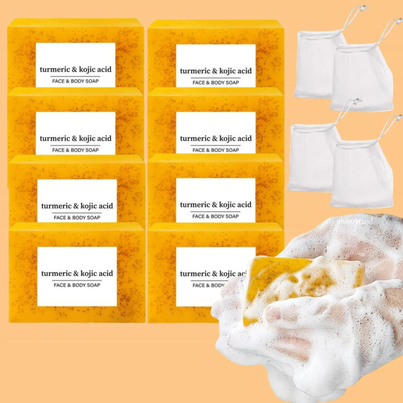 Lemon Turmeric & Kojic Acid Soap Bar, Turmeric And Kojic, 8 Counts/set Acne Face & Body Soap Bar for Men & Women, Daily Skincare Cleanser Sets with Soft Soap Saver Bags