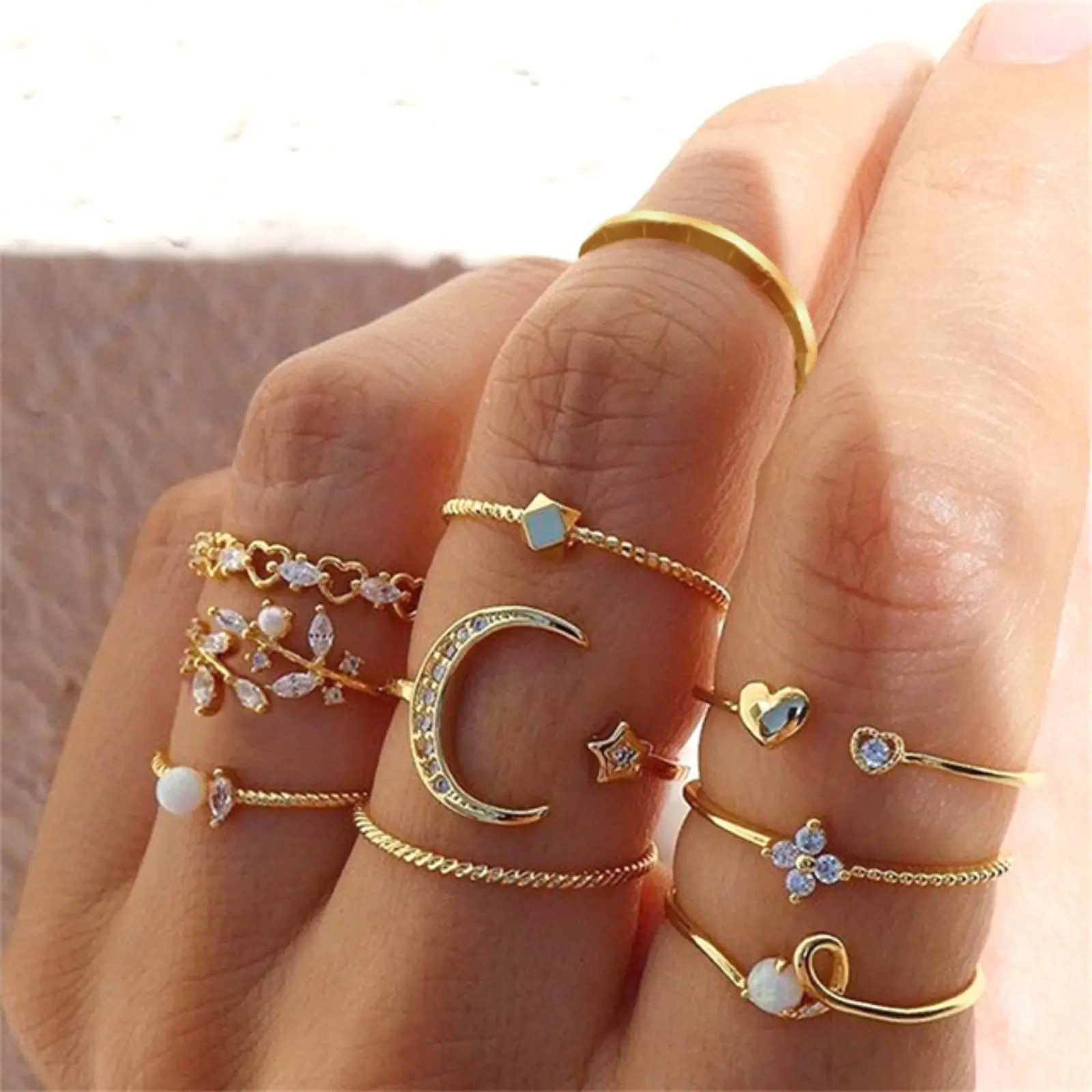 Women's Stackable Statement Multi Ring Set - Whimsical Vintage-Style Knuckle Rings with Star, Moon, Heart, Leaf, Geometric Designs, Stackable Rings Set