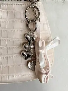 Handmade ballet shoe bag charm with heart, ballet shoe keychain, ballet-style jewelry mini shoe satin keychain, silver heart bead charm ballet shoe keychain - detachable and combinable at will