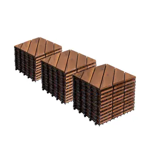 Interlocking Deck Tiles Diagonal Pattern, 12" x 12" Acacia Wood Tiles for Patio, Waterproof, All-Weather Outdoor Decking for Garden, Pool, Balcony