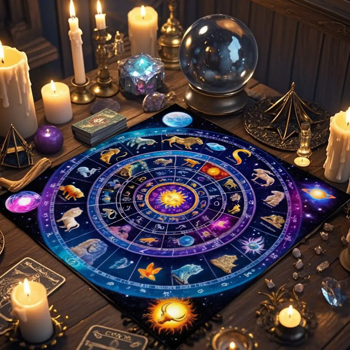 1 Piece Tarot tablecloths, tarot card reading coverings, 12 zodiac sign decorative altarpieces, Bohemian-style polyester tablecloths, used by tarot scholars for astrological ceremonies, home fabric decorations.