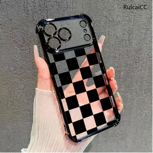 Black checkered four-corner drop-proof TPU phone case for iPhone 17 Air 16Pro Max 15 14Plus 13 12 11 Simple and stylish camera protection Shockproof Anti-Drop Shockproof Drop Protection Durable Phone Case