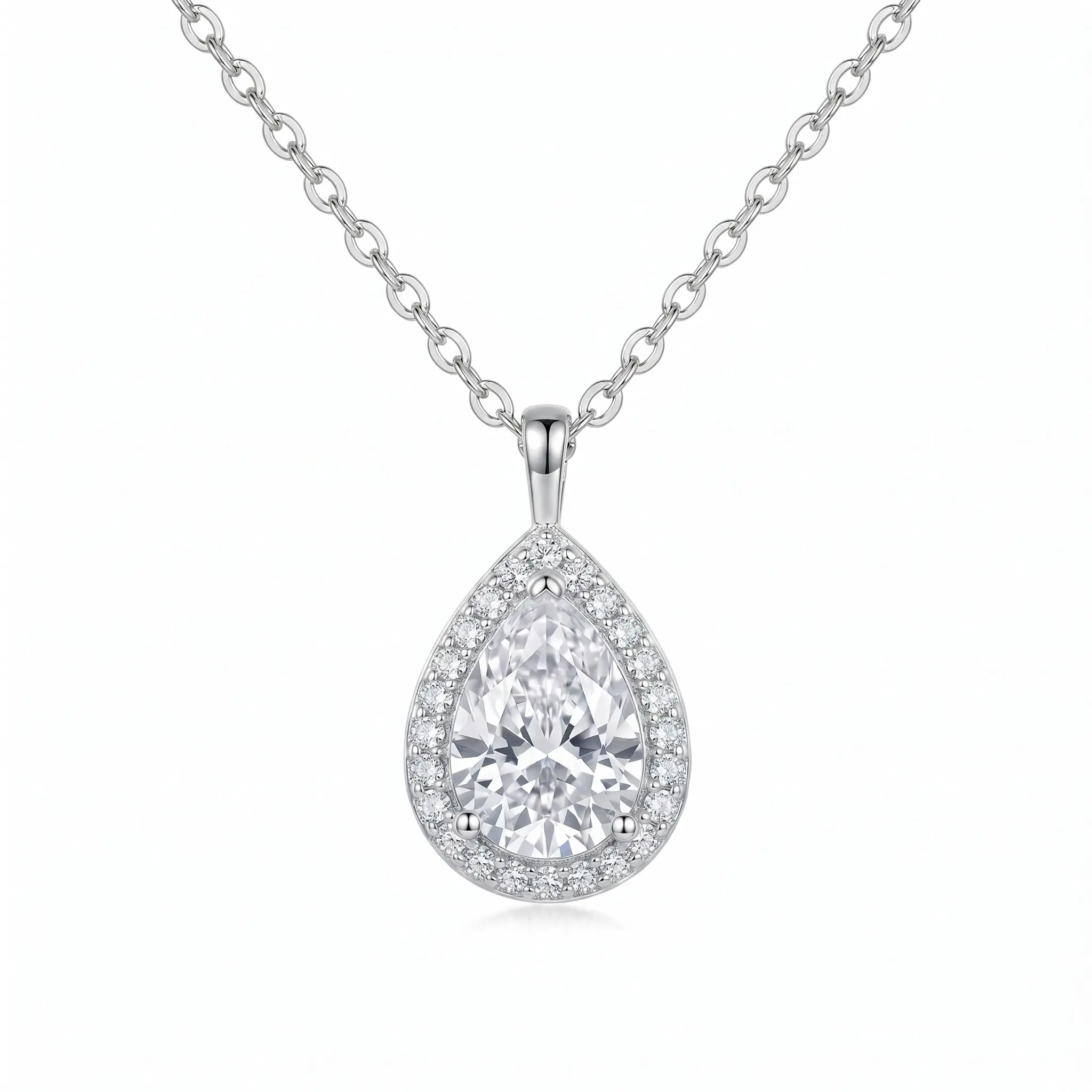 S925 Sterling Silver Pear Cut Halo Pendant Necklace for Women, AAA+ Cubic Zirconia Teardrop Diamond Simulant Choker, Platinum Plated Hypoallergenic Elegant Bridal Jewelry Gift for Her