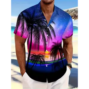 Men’s Tropical 3D Printed Button-Up Shirt – Vibrant Palm Tree & Sunset Design, Short-Sleeve Casual Hawaiian Shirt for Summer Beach Vacations, Resort Wear, and Everyday Style, Fashion | Polyester Fabric