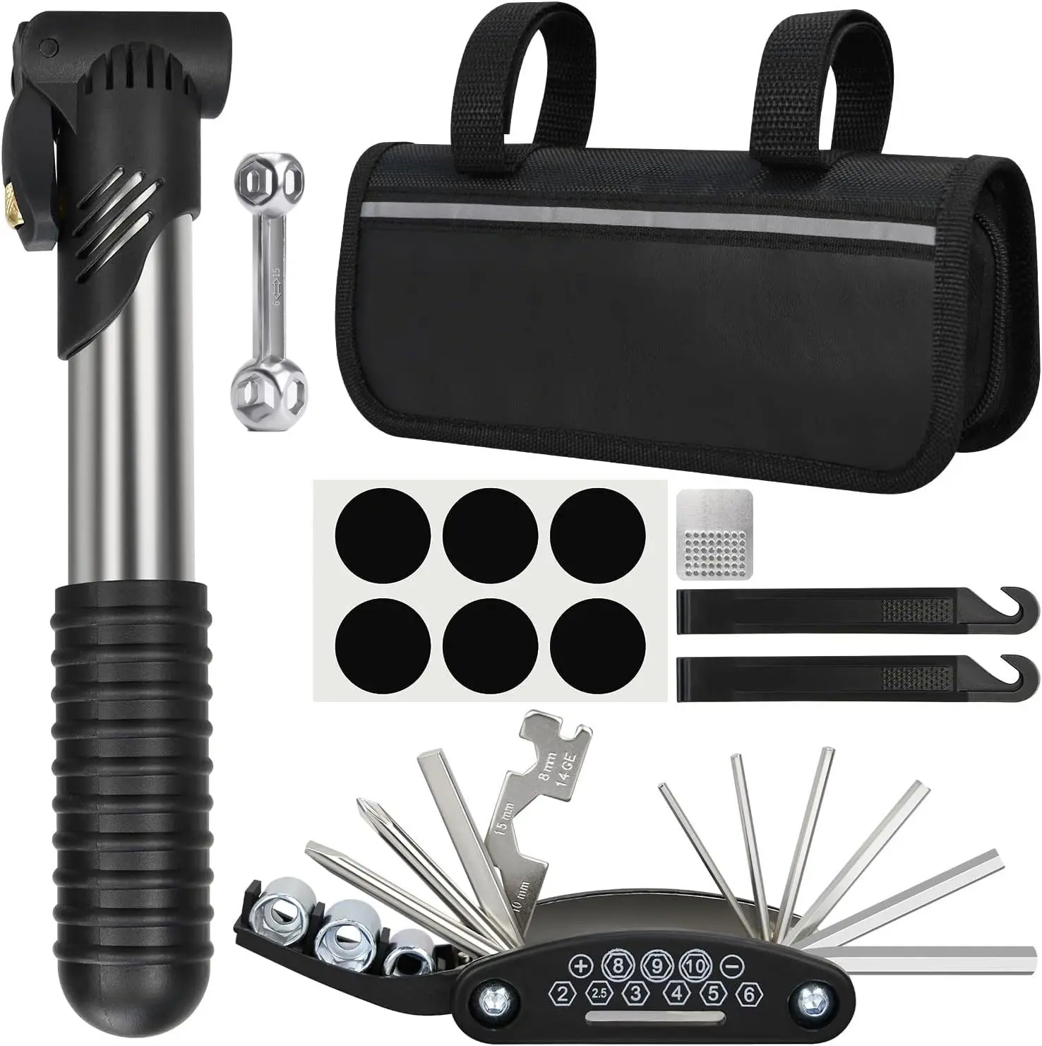 Bike Tool Bag Set - 16-in-1 Hex Wrench, Mini Air Pump, Tire Patch Lever Repair Kit, Portable Cycling Emergency Tools for MTB BMX Road Bicycle