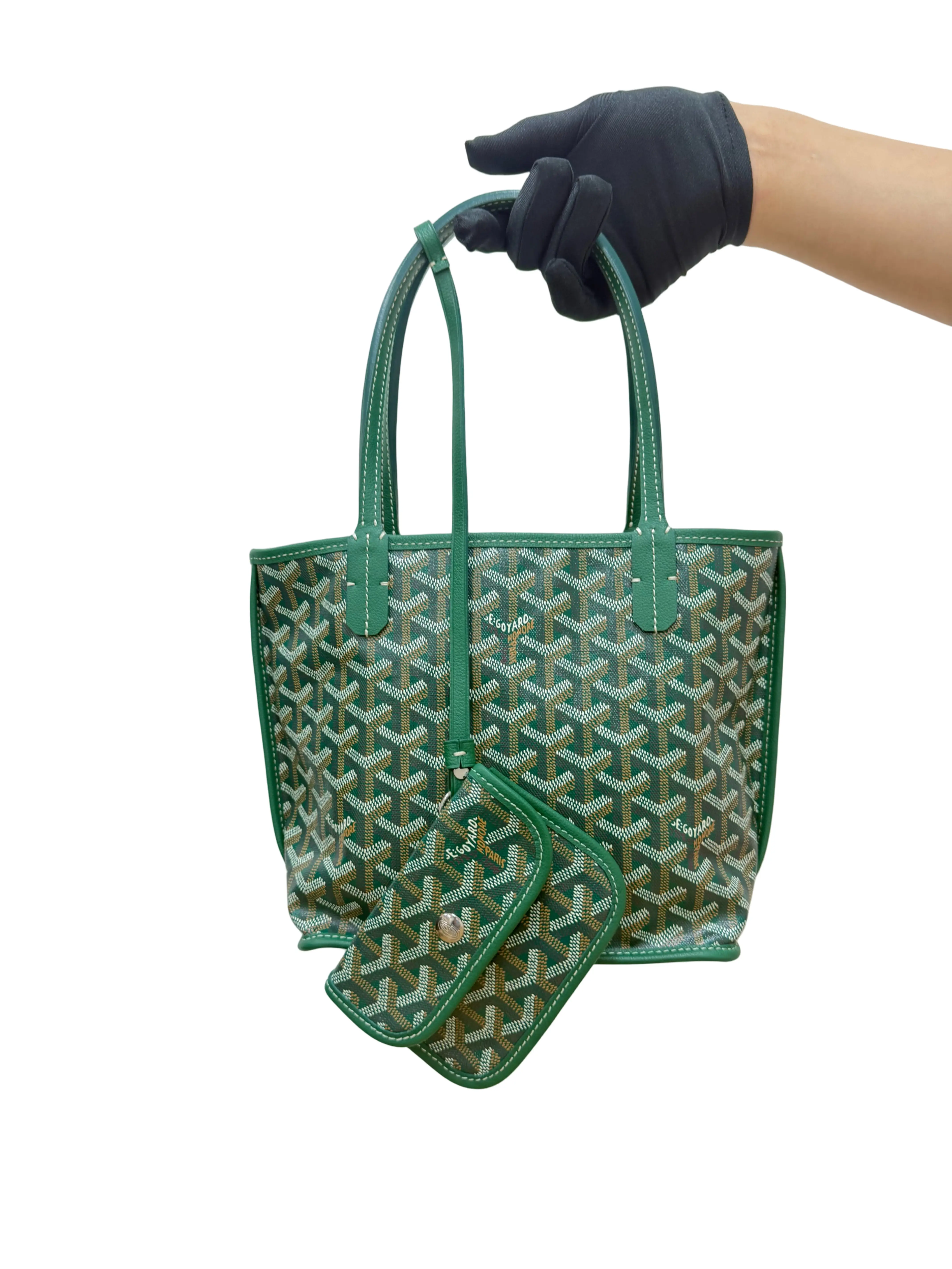 Pre-owned Goyard Preowned Authentic Mini Anjou Tote Green Goyardine Canvas, Small Shoulder Design, Tote Bags, Shoulder Bags, Detachable Pouch Included, Preowned Item