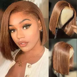 13X4 HD Transparent Pre Plucked Straight Colored #4 Brown Bob Wig 100% Unprocessed Human Hair Glueless Lace Frontal Wigs Natural Hairline Lace Front Chocolate Brown Bob Wigs For Black Women 14 Inch