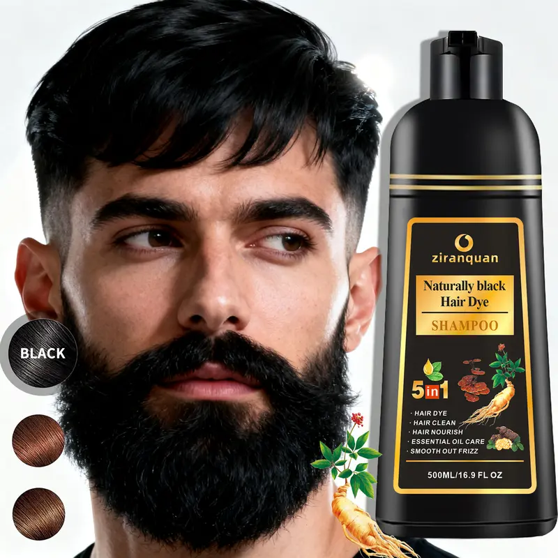 Men's Naturally Black Hair & Beard Dye Kit - Ammonia-Free, No Bleach, 15-Min Tone Gray Coverage, 100% Even, Permanent, Non-Irritating, He Shou Wu Infused, 500ml, At-Home Use with Brush, For Adults, Aging Hair, 24-Month Shelf Life