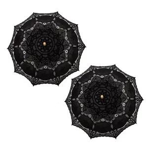 Pack of 2 Cotton Lace Parasols Umbrellas with Wooden Handle Vintage Lolita Look for Wedding Bridal Umbrella Decoration for Photoshoot, Costume Theme Party, Halloween