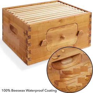 10 Frame Medium Super Bee Hive Box, Langstoth Beehive Honey Super Box, Bee Box with Acrylic Window Dipped in 100% Beeswax Includes Wooden Beehive Frames & Waxed Foundations for Beginner Beekeeper