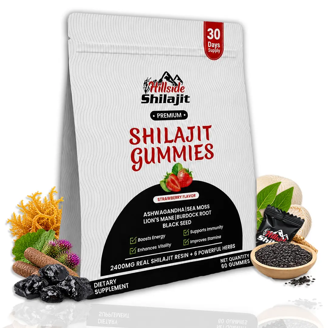 Hillside Shilajit Gummies - Pure Himalayan Shilajit 2400mg with Ashwagandha, Lion's Mane, Sea Moss, Burdock Root, Black Seed - Natural Vegan Non-GMO No Refined Sugar Herbal Energy Support Supplement - 60 Chewable Gummies (30-Day Supply)