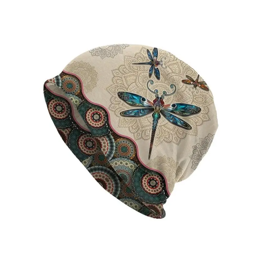Boho Dragonfly Knit Beanies for Women & Men, Ethnic Look Vintage Style Hat - Warm & Cozy Fall Winter Fashion Accessory, Beanies Hats, Animals, Dragonfly Motif, Mixed Fibers, Snug Stretch, Knitted Hat