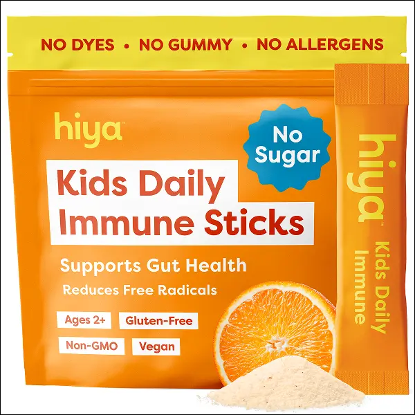 Hiya Kids Immune Support – Vitamin C, Elderberry & Beta Glucans for Ages 2+, Delicious Orange Flavor, 0g Sugar – 20 Stick Packs for Toddlers & Kids