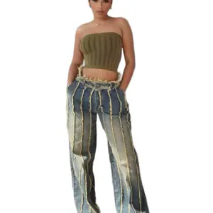 Fashion Denim patchwork Dyed pants for women jeans womenswear with unique patchwork design bottom