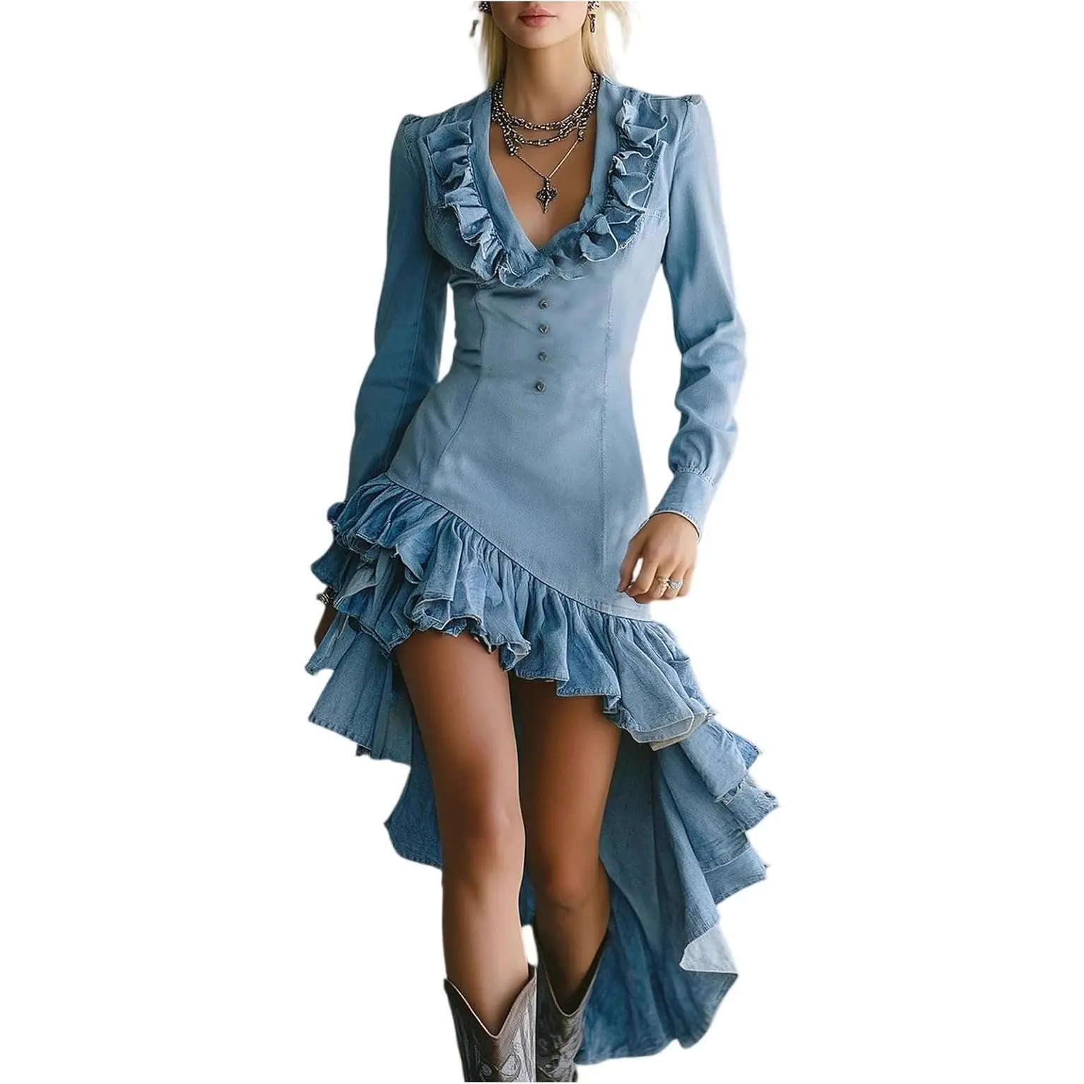 Women's Denim Dress - Elegant Vintage Western A-Line, Long Sleeves, Ruffled Irregular Hem for Lady, Western OOTD, Going Out, Watch Party (Up to 3XL), Casual Wear, Ruffled Edge, A Type, Western Dress, Machine Washable