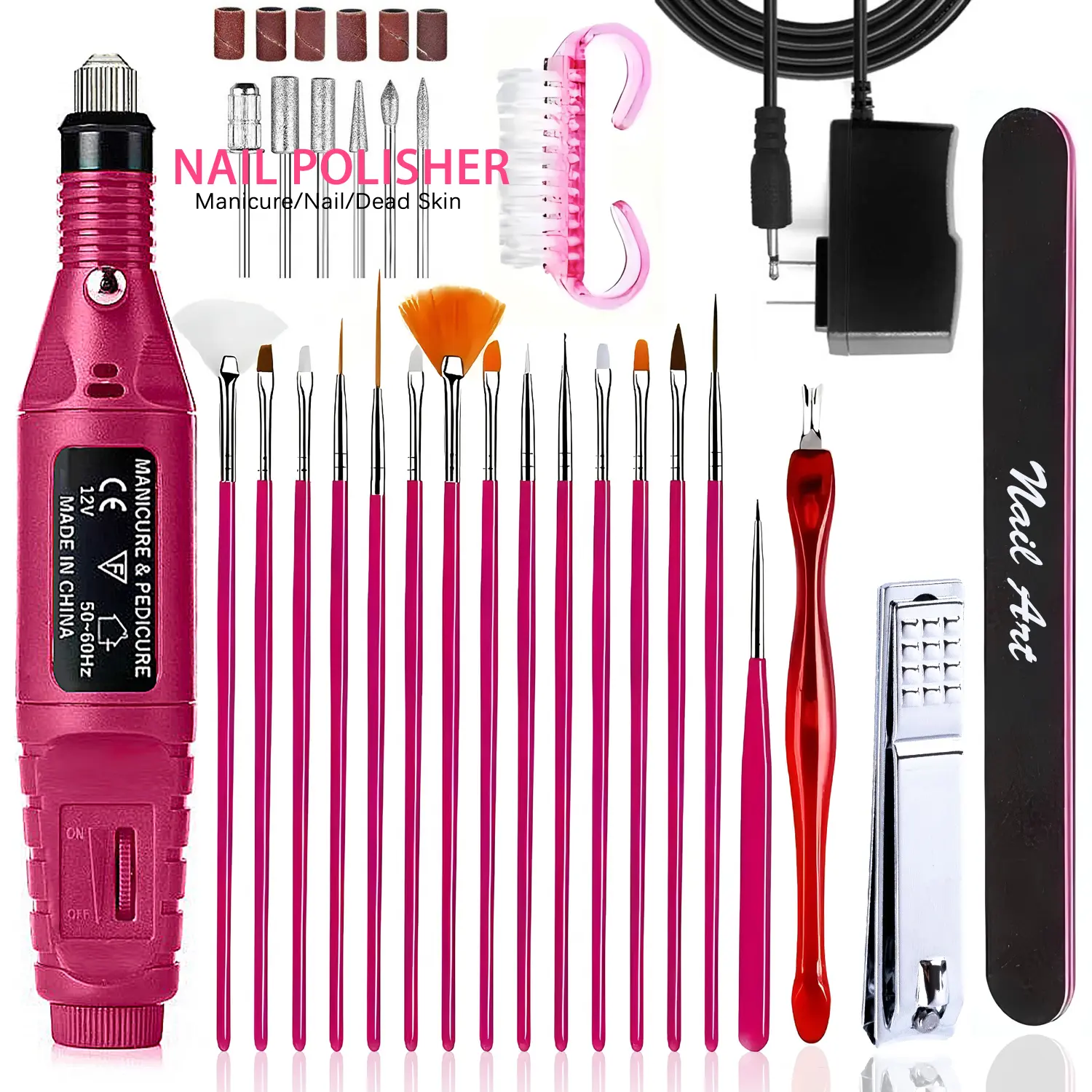 Professional Metal Nail Drill Kit with US Plug, Full Accessory Set, Brush-Included Salon Tool for Gel Nail Care, Acrylic Polishing