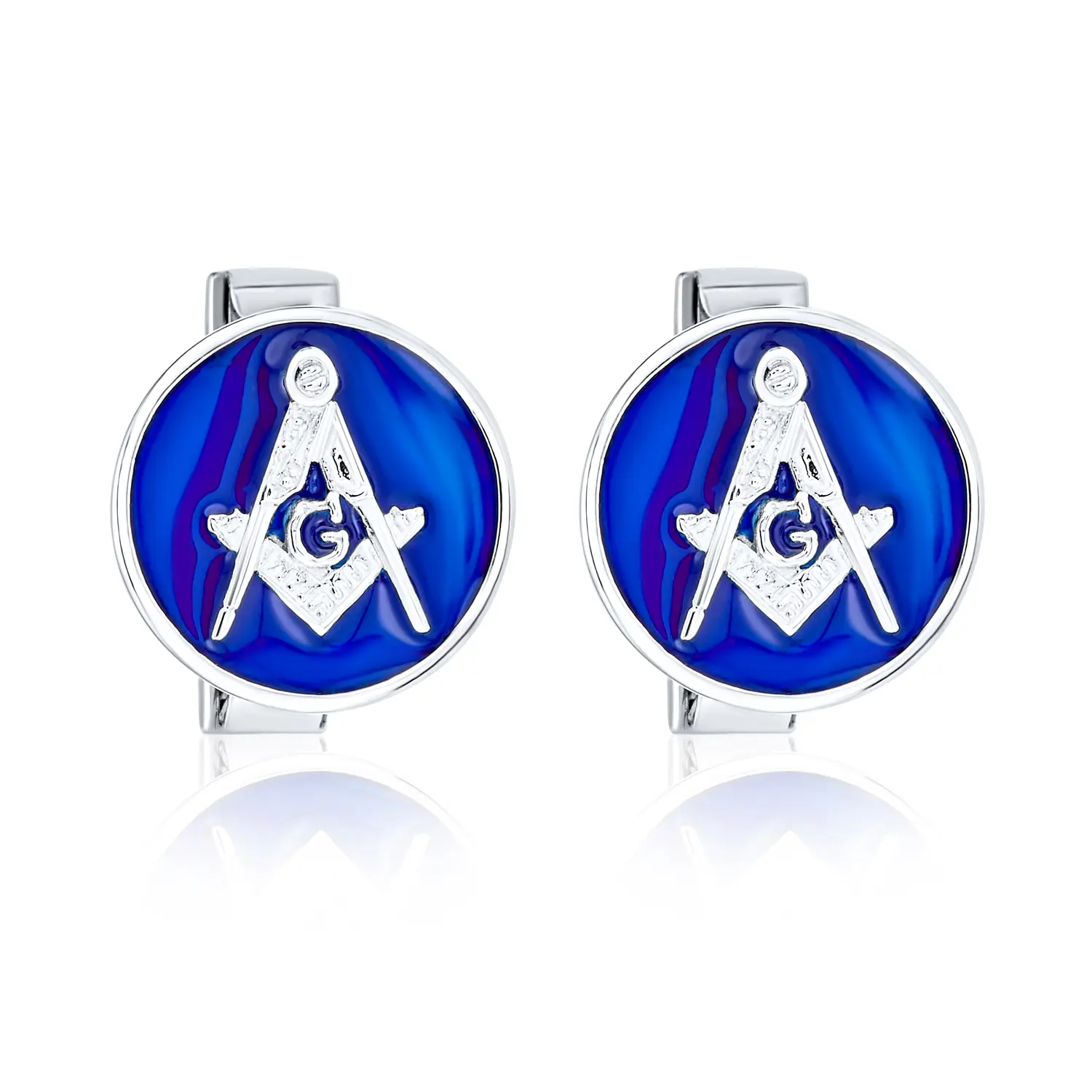 Freemasons Compass Masonic Cufflinks Blue Enamel .925 Sterling Silver