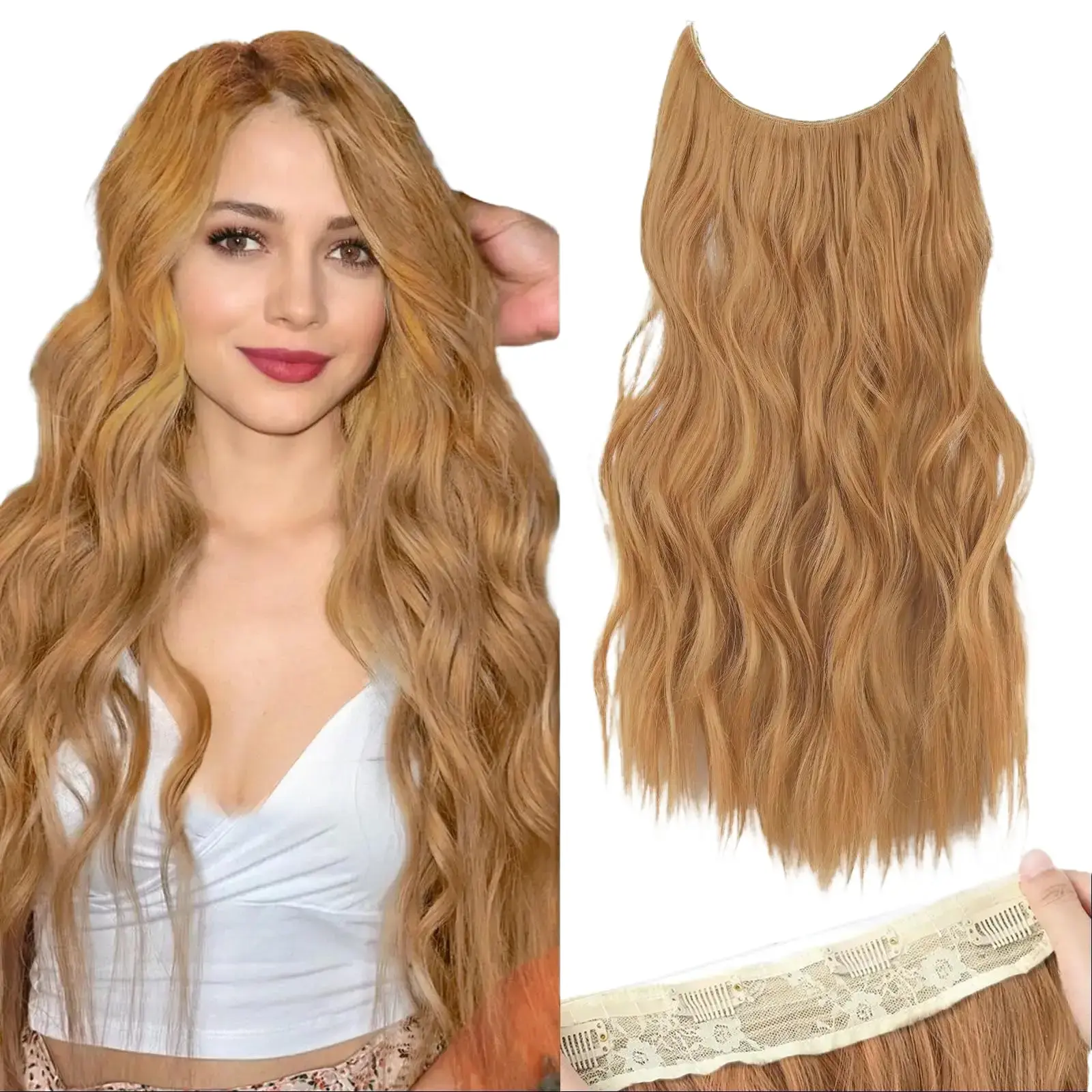 AISI HAIR Invisible Wire Hair Extensions 20 Inch Light Color with Transparent Wire, Secure Clips, Adjustable Size, Long Wavy Hairpiece for Women Blonde Synthetic Wig Feather Crochet Hair Hair Weave