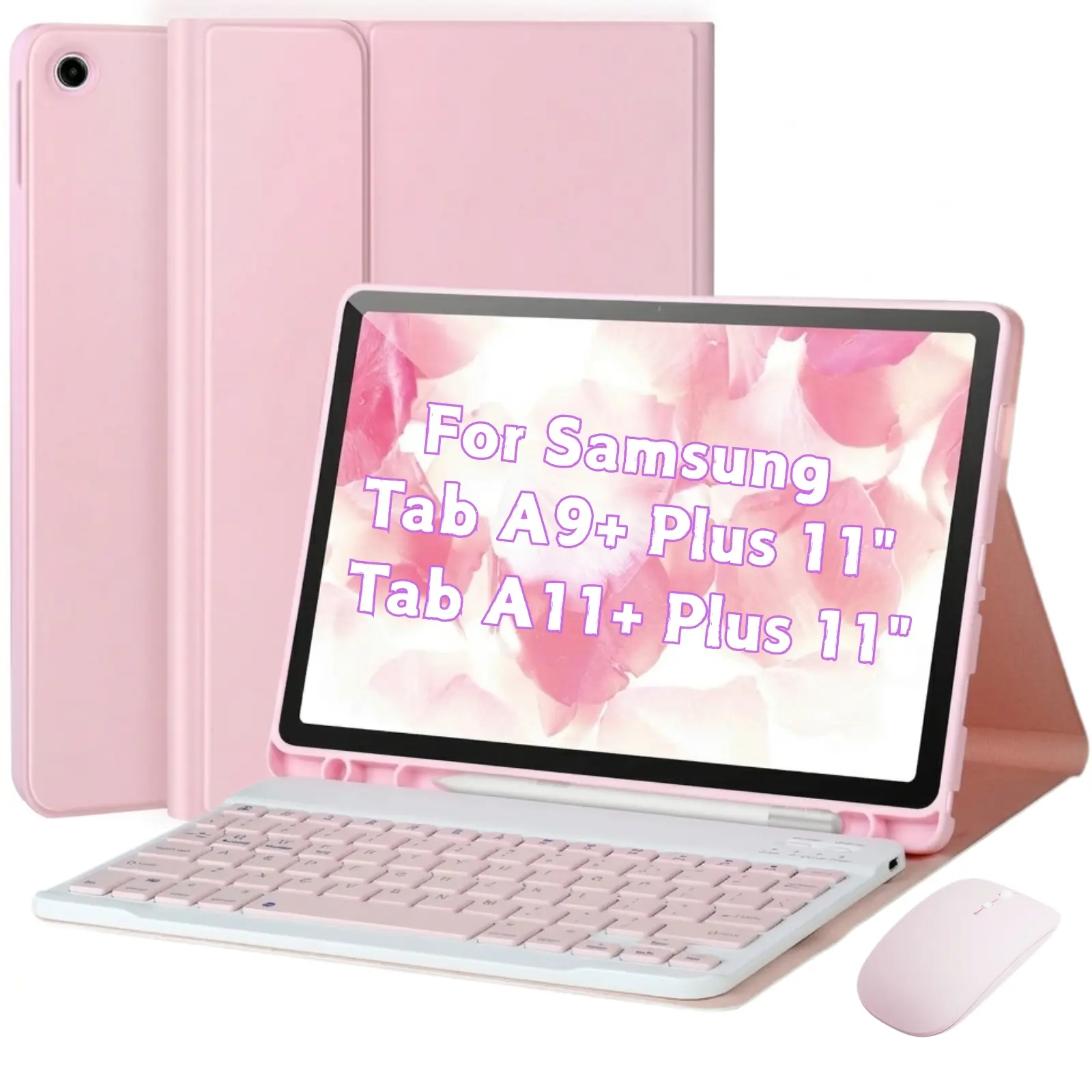 BT Wireless Keyboard Case with Mouse, Stylus Holder, Covers & Tablet Casing for Samsung Galaxy Tab A9+/Plus 11in 2023 (SM-X210/X216/X218) - Pink Smart Tablet Accessories
