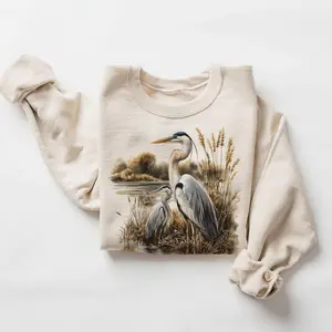 Retro Great Blue Heron Marsh Scene Sweatshirt - 90s Birding Bird Lover Gift - Birds Wildlife Nature Outfit - Boho Unisex Cotton