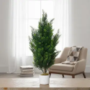 OUTGOODS 3 ft Potted Artificial Cedar Trees (Set of 2) - No-Assembly Evergreen Fake Pine Topiary Plants, Outdoor Decor for Entryway Front Porch, Potted Artificial Plants
