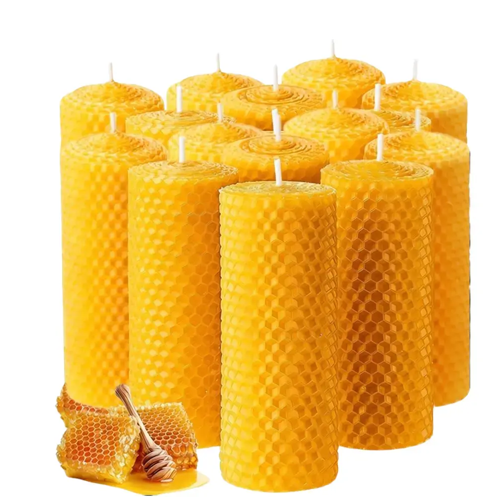 12pcs Handmade Yellow Beeswax Pillar Candles (3.5x10cm, Honeycomb Texture), Unscented Mild Honey Aroma, Clean Burning Home Supplies for Christmas, Thanksgiving, Valentine's Day, Decorative Gift, Mood Lighting Souvenir