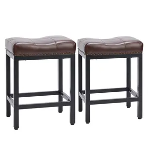 Saddle Bar Stools Set of 2 Counter Height 24-Inch Modern PU Leather Barstools with Metal Base, Footrest, Upholstered Bar Chairs for Kitchen Island