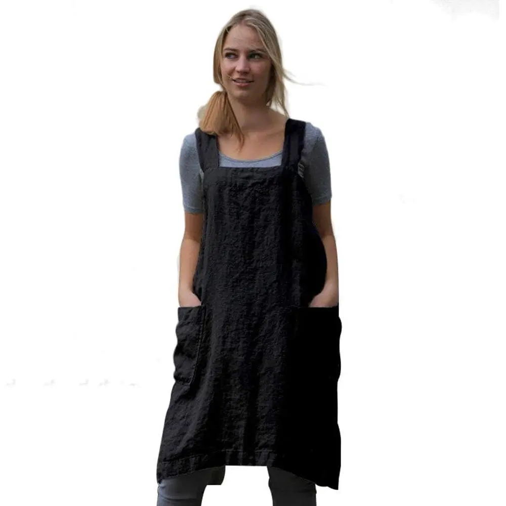 Women's Loose Fit Pinafore Square Apron Baking Cooking Gardening Works Cross Back Cotton/Linen Blend Dress with 2 Pockets