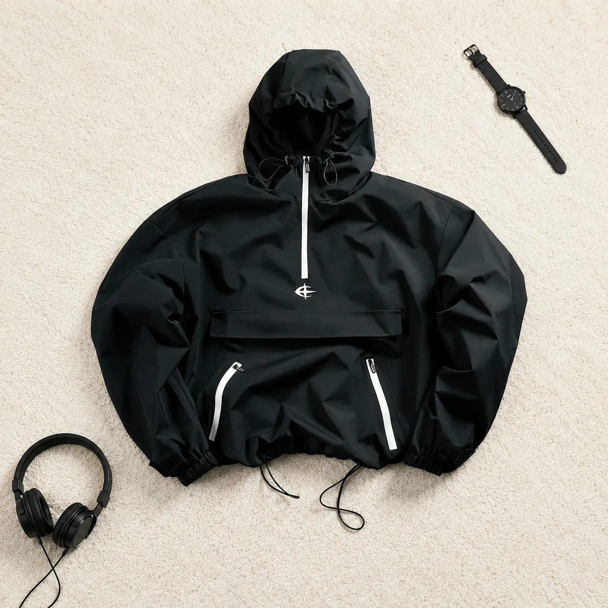 Men's Minimalist Anorak Jacket, Water-Repellent Techwear Pullover, Half-Zip Hooded Streetwear Coat with Utility Pocket, Menswear, Fabric, Coats, Plain, Drape, Outdoor, Breathable, Techwear Look, Half Zipper, Pull On, Woven, Cargo