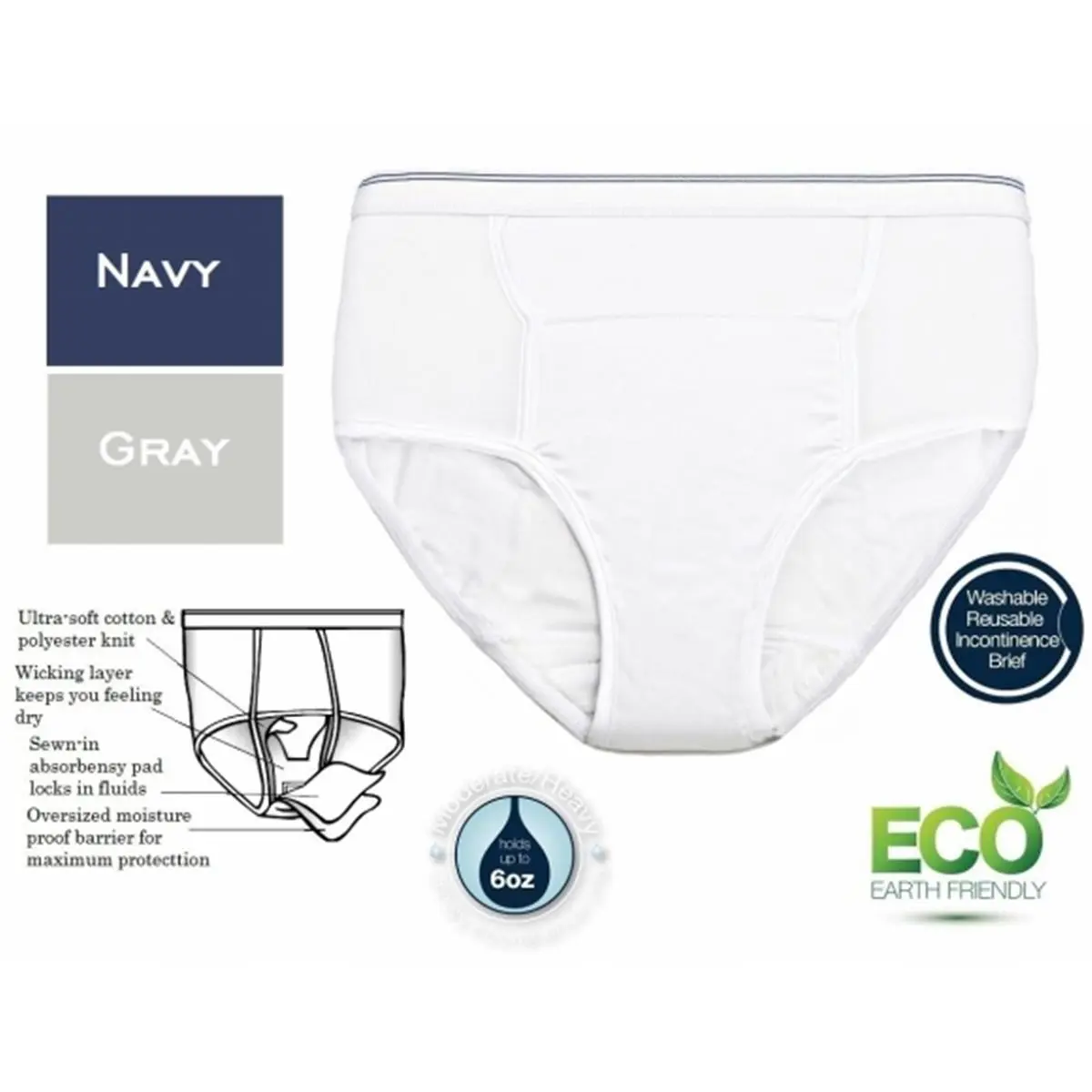 212 MAIN Men's Reusable Knit Fabric Underwear - 6 oz Plain Polyester-Cotton Knit, Brief, Waterproof, Oversized Cut, Assorted Colors, Medium 3-Pack, Sewn-In Absorbency Pad, Menswear Layer for Moderate/Heavy Bladder Incontinence
