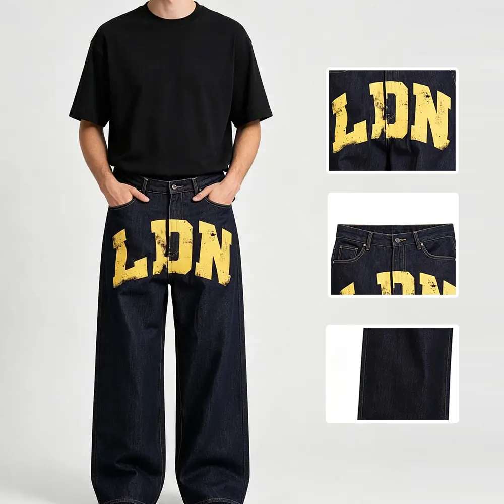Womens Jeans Y2K Hip-hop Streetwear Baggy Jeans Wide Leg Jeans LDN Letter Print Distressed Yellow Print Harajuku College