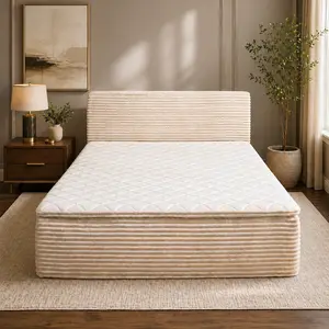 POUUIN 2-in-1 Compressed Bed with Removable Headboard, No Assembly Upholstered Corduroy Platform Bed with Foam Mattress & Pocket Springs tiktokshopspringglowup