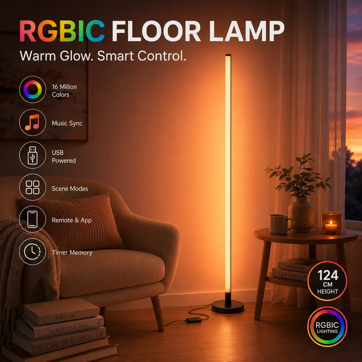 RGBIC Corner Floor Lamp, 4-Section LED Light with Flowing Multicolor Effects, Music Rhythm Sync, App, Remote & Timer Control, USB Powered for Bedroom, Living Room and Party Decor