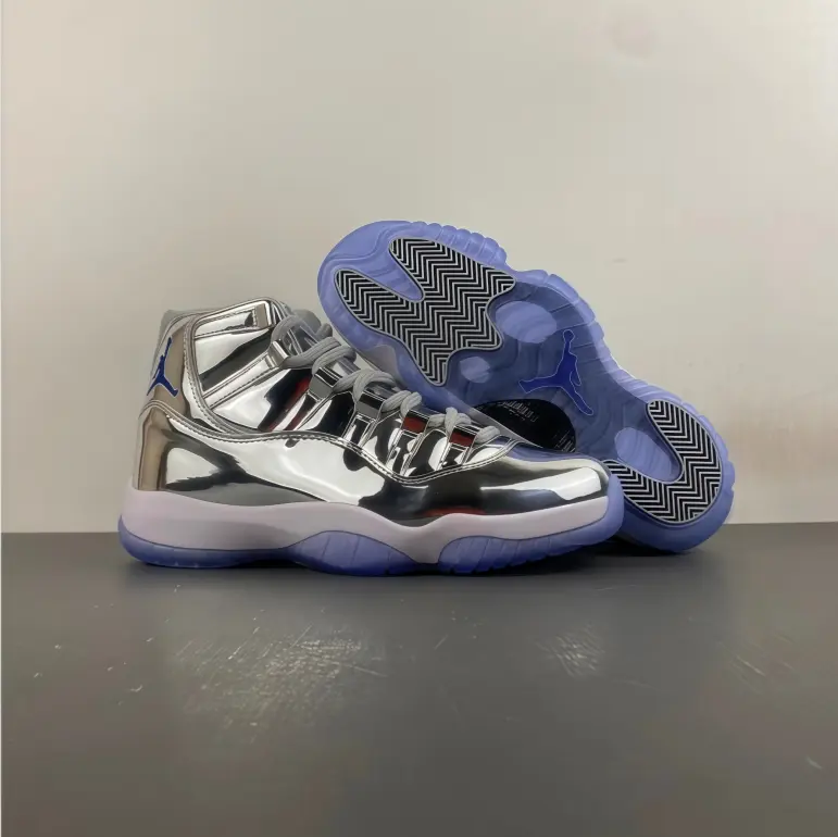 High top basketball sneakers metallic silver reflective patent upper icy blue outsole eye catching streetwear bold aesthetic party match popular unisex fashion cushioned outdoor kicks