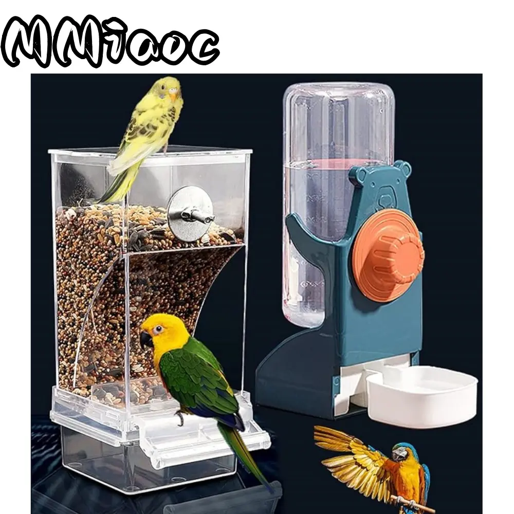2PCS Automatic Gravity Feeder & Water Dispenser Set for Bird Cages - 500g Seed Container for Long-Tailed Parakeets, Fits Most Cages, See Food & Water, Easy Top Cover Fill, Quick Top-Add Access, Easy-Installation Sports & Outdoor Accessory (Summer Use)