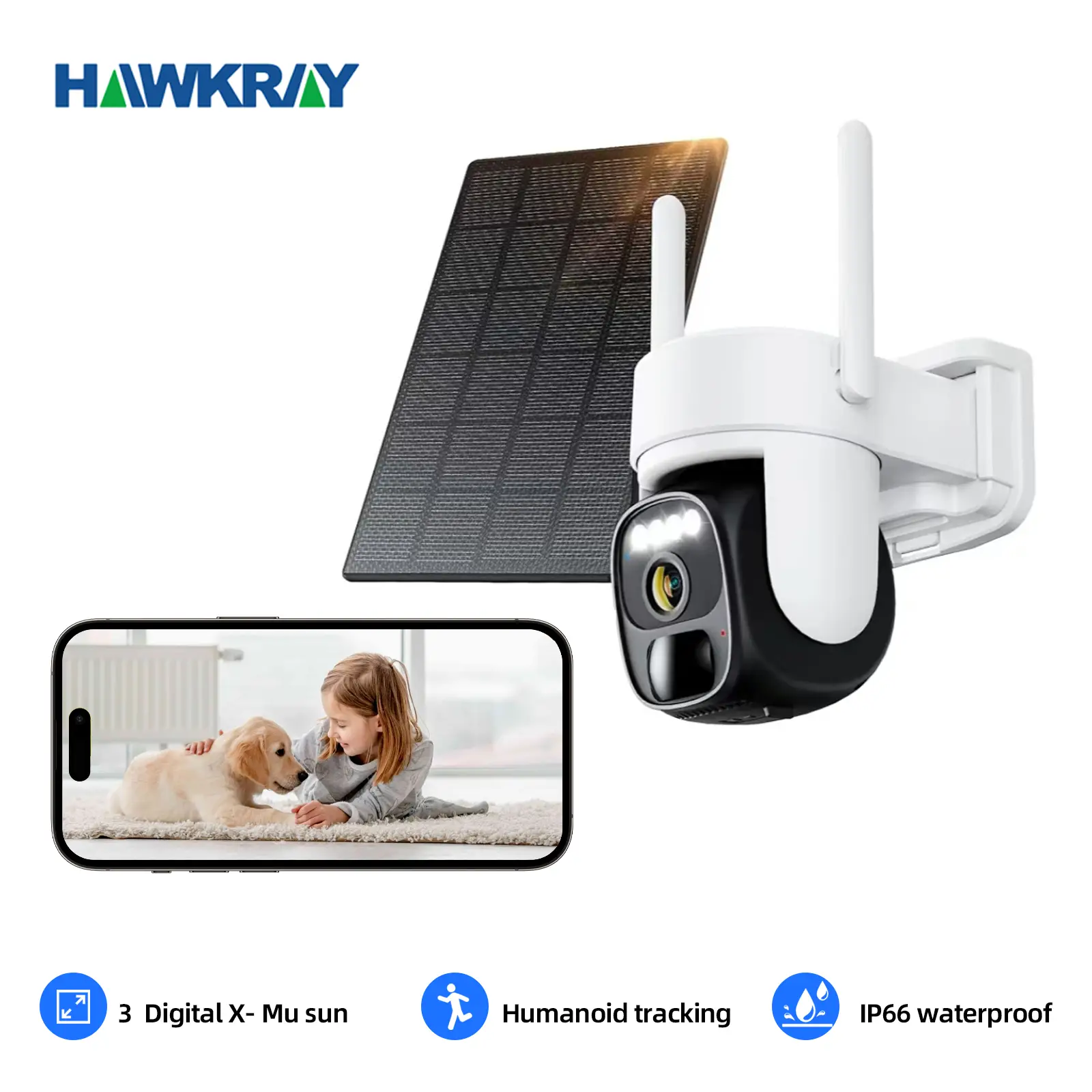 Hawkray Solar Outdoor Wireless Surveillance Camera, 2K 360° Panoramic Tilt Low-Power WiFi Surveillance Camera, CCTV 2.4G WiFi, AI motion detection PTZ