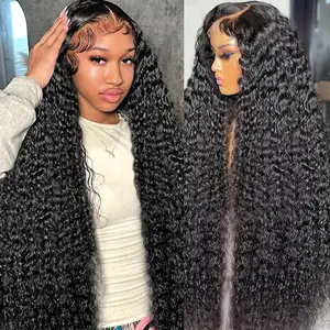 13x4 Water Wave Lace Front Wigs Human Hair Pre Plucked Glueless Wigs Human Hair Water Deep Cury HD Transparent 180% density 13x4 Full Lace Frontal Wigs Brazilian Virgin Hair Wigs Natural Black