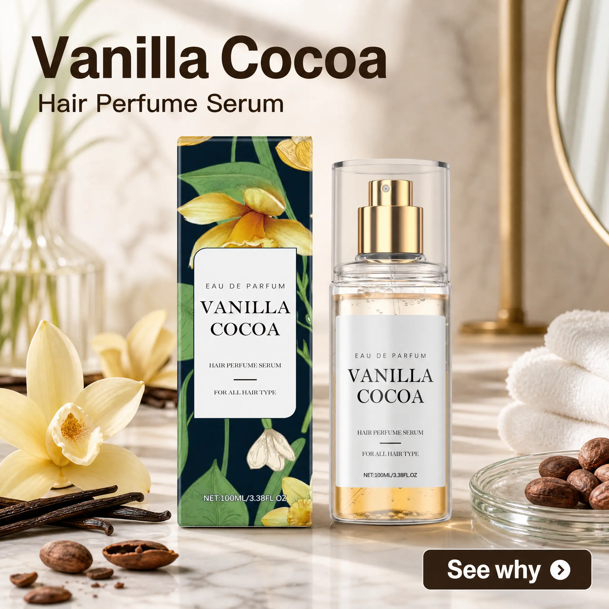 Vanilla Cocoa Hair Perfume Spray, Light Hair and Body Fragrance Mist, Fresh Scent Spray for Hair and Body,light-scented perfume floral elegant scentual fruit  long-lasting sweet fruity Eau de Parfum natural  gourmand fragrance e daily portable