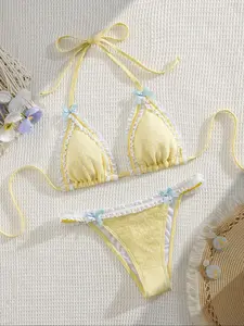 Two-Piece Set Women's Contrast Lace Bow Decor Bikini Set, Casual Tie Back Swim Bra & Swim Bottoms, Ladies Swimsuit for Beach Vacations, Summer Halter Bathing Suit, Solid Ruched Bikini
