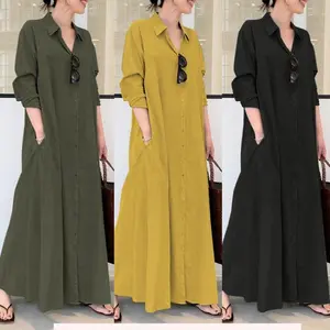 2025StyleCottonLinenSolidColorTurn-downCollarLongSleevePocketSimpleLooseCasualLongShirtDresscolorblockprintdressmatildamomreddressstephanielongsleevehighneckdressmothergroomdressTargetedWomen'sCasualDressespe