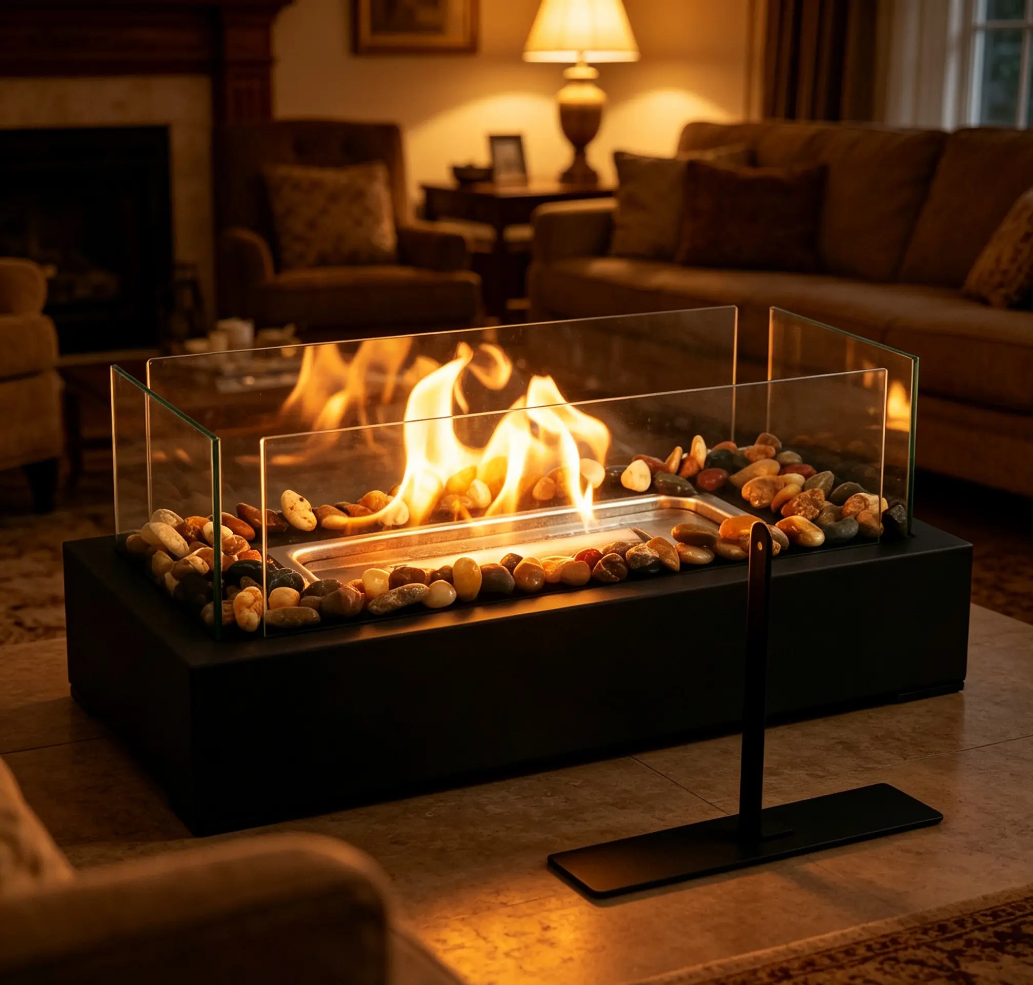Dual-Use Tabletop Bio Ethanol Fire Bowl - Portable Indoor-Outdoor Fireplace with Glass Guard, Natural Stones, Clean-Burning Design, Safe and Efficient, Light Up Your Space for Home Living Room, Balcony Rustic Decor