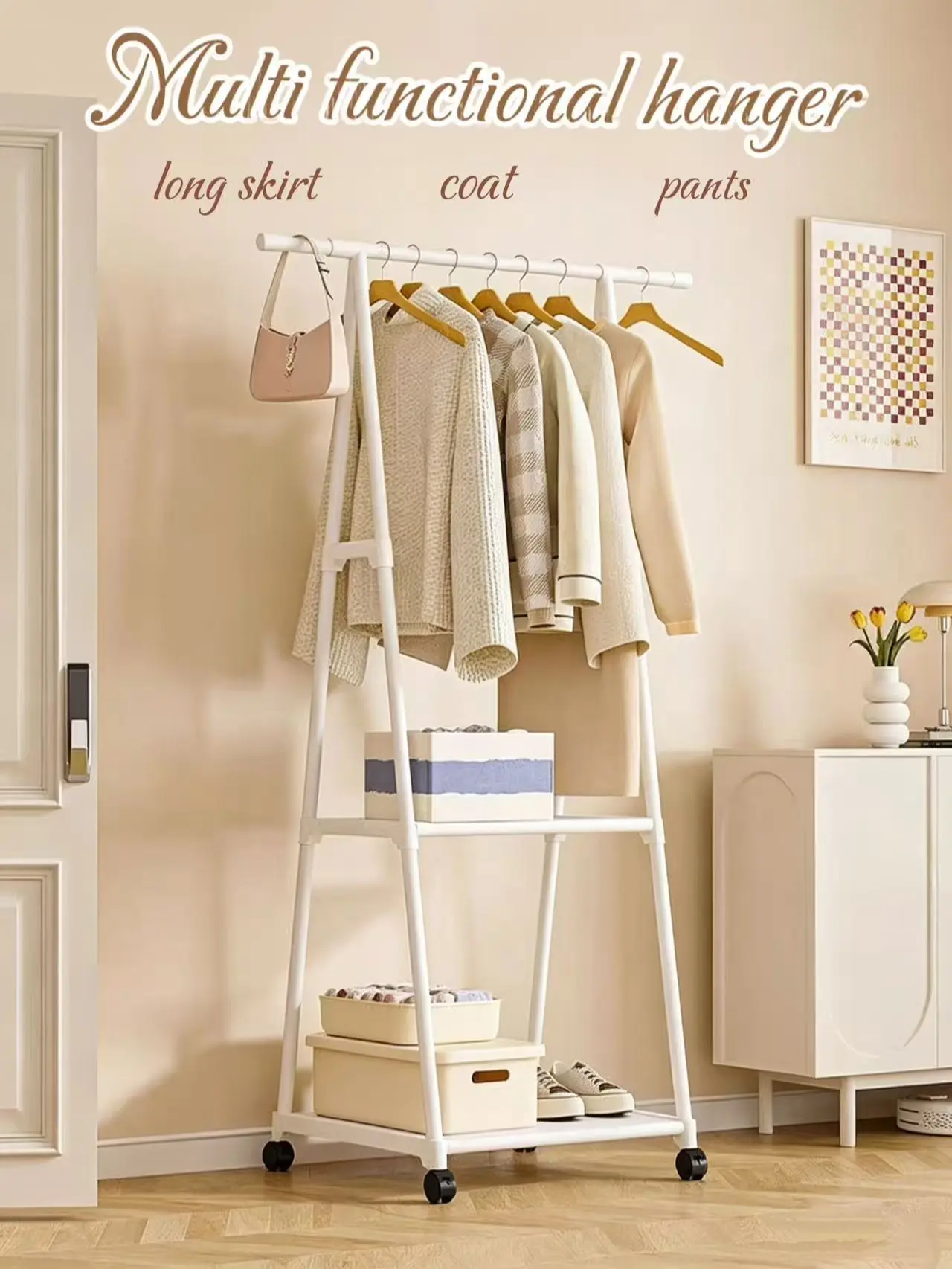 Anti-Tip Triangle Rolling Clothes Storage Organiser - Smooth, Minimalist, Movable, 2-Tier Moisture-Proof Storage Shelves, Hangable Freestanding Organizer for Bedroom, Hallway, Holds Shirts, Pants, Bags, Shoes, Space-Saving