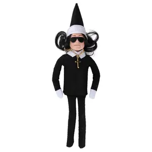 New Oz Christmas Elf Doll Decorative Ornament Set with Black Outfit White Hat Sunglasses Gold Cross Necklace Children Toys Gift for Festive Season