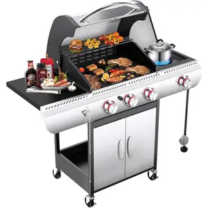 R.W.FLAME 3 Burners Propane Gas Grill with Side Burner, 34000 BTU BBQ Grills for Outdoor Cooking, Enamel-coated Wire Grate, Removable Grease Tray, Barbecue Grill for Camping, Backyard, Patio, Deck Modern Dinner Stainless Steel Portable