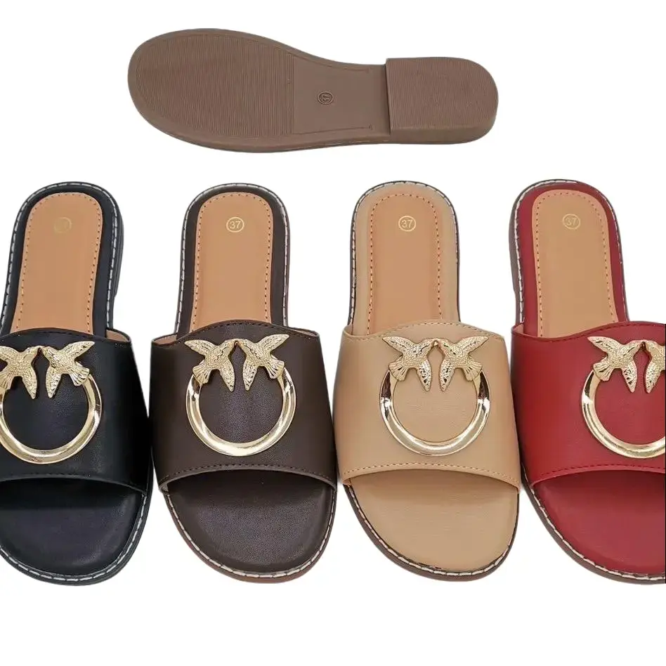 Women’s Open Toe Flat Slide Sandals with Gold Buckle – Comfortable Casual Summer Slippers