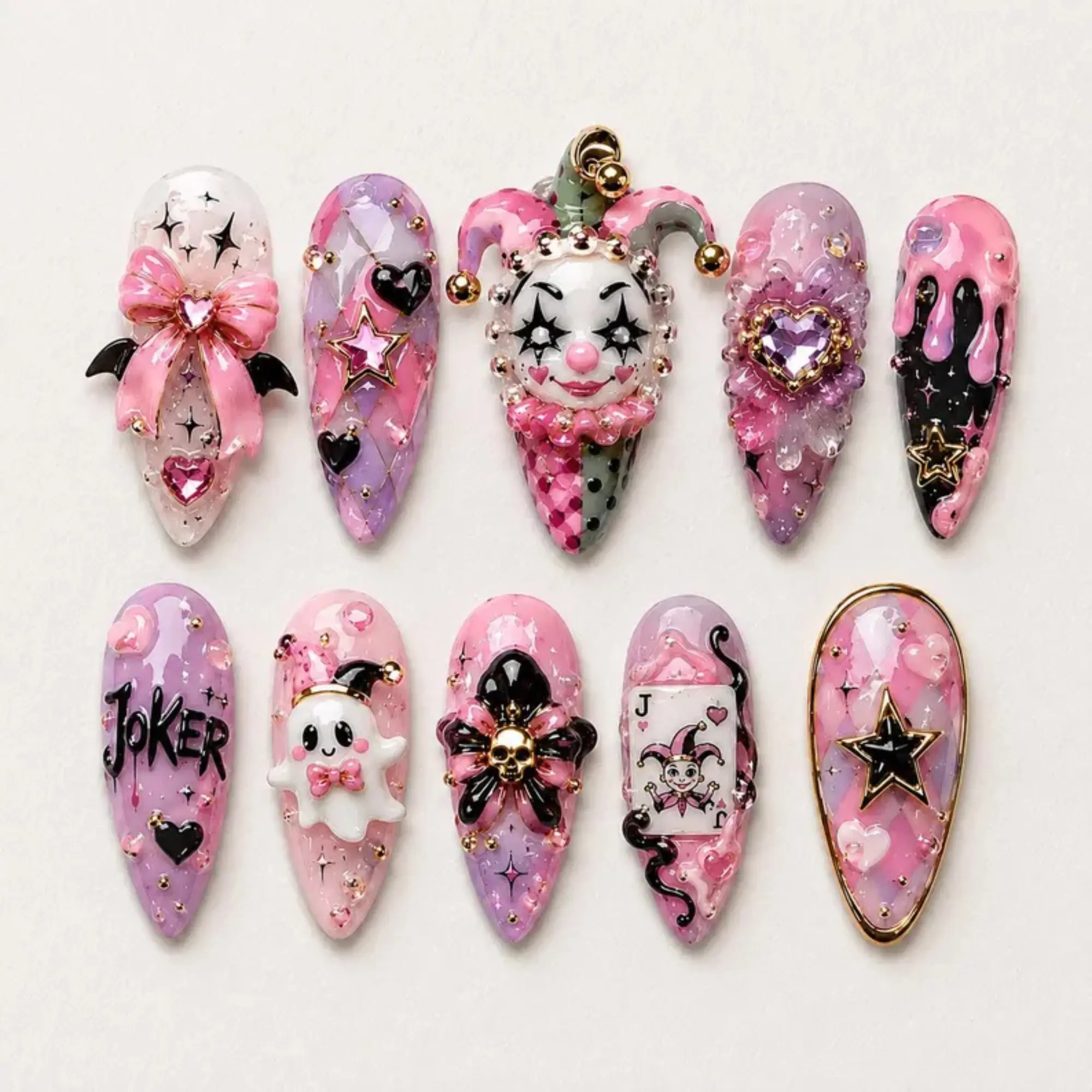 Pink Clowncore Gothic Press On Nails, 3D Jester Luxury Set, Handmade Reusable