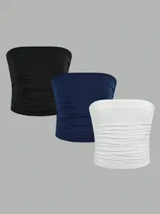 Trendy Girls' One-Shoulder Crop Top Set of 3, Fashionable Comfortable Stretchy Elastic Wear, Slim-Fitting All-Season Versatile, Can Be Worn as Underwear or Outerwear, Girls' Clothing