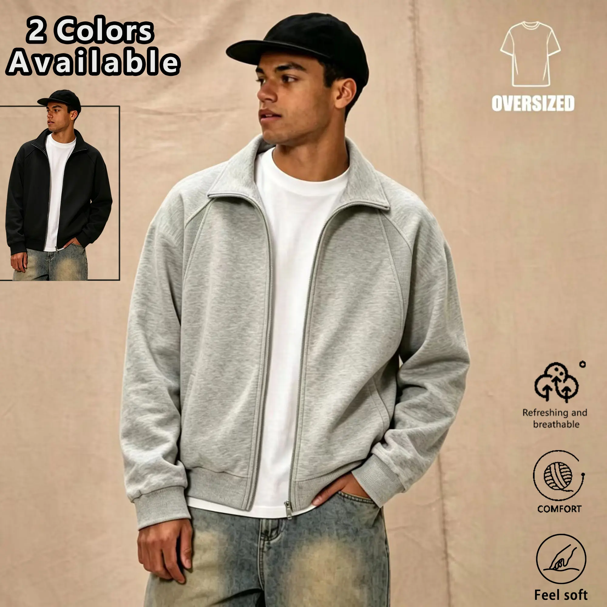 EKF Men’s Cotton Loose Stand Collar Zip-Up Sweatshirt Jacket (no hood) | Soft, breathable fabric; perfect for everyday casual wear with a premium feel