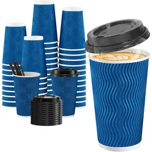 80 Pack 16 oz Disposable Coffee Cups with Lids and Straws, Insulated Ripple Wall To Go Paper Coffee Cups for Coffee, Hot  and Hot  Drinks - Navy