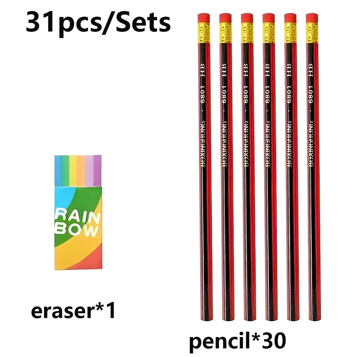High-Quality Wooden Hb Pencils, Comfortable Grip, Artistic Design, Rainbow Eraser Included, Ideal for Writing, Drawing, Note-Taking, Office Supplies